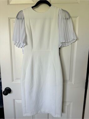 Calvin Klein White Pleated-Sleeve Midi Sheath Dress